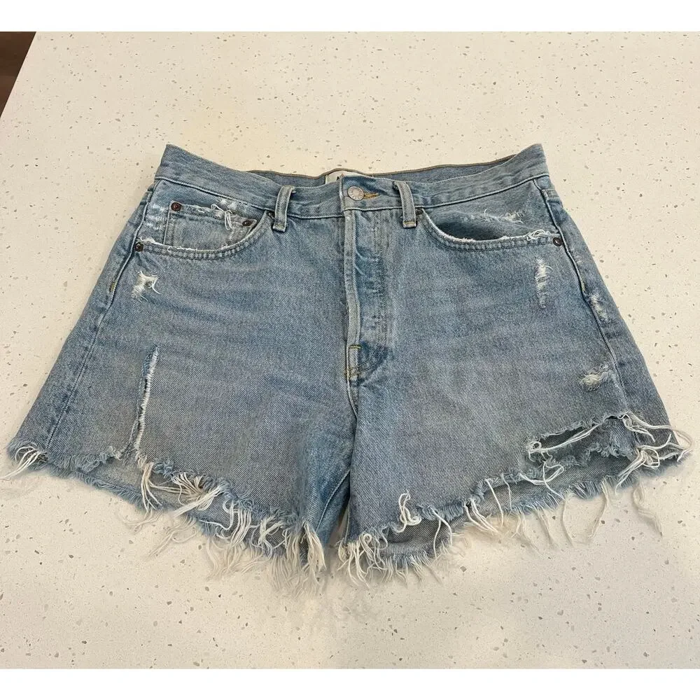 Agolde Parker Long Light Blue Distressed Denim Shorts in Swapmeet 27